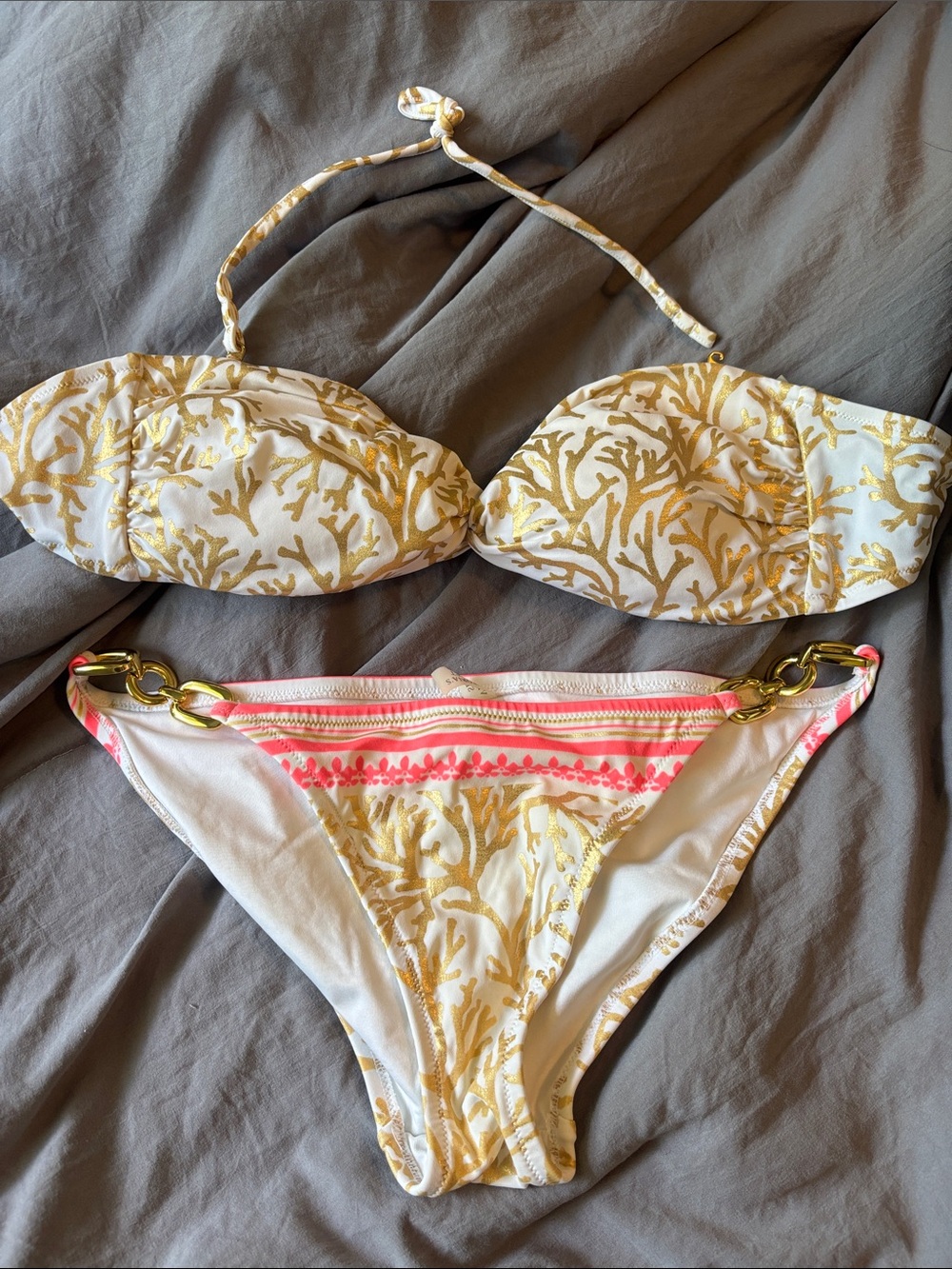 Victoria secret Gold Coral Print Bikini Set with Pink Accent